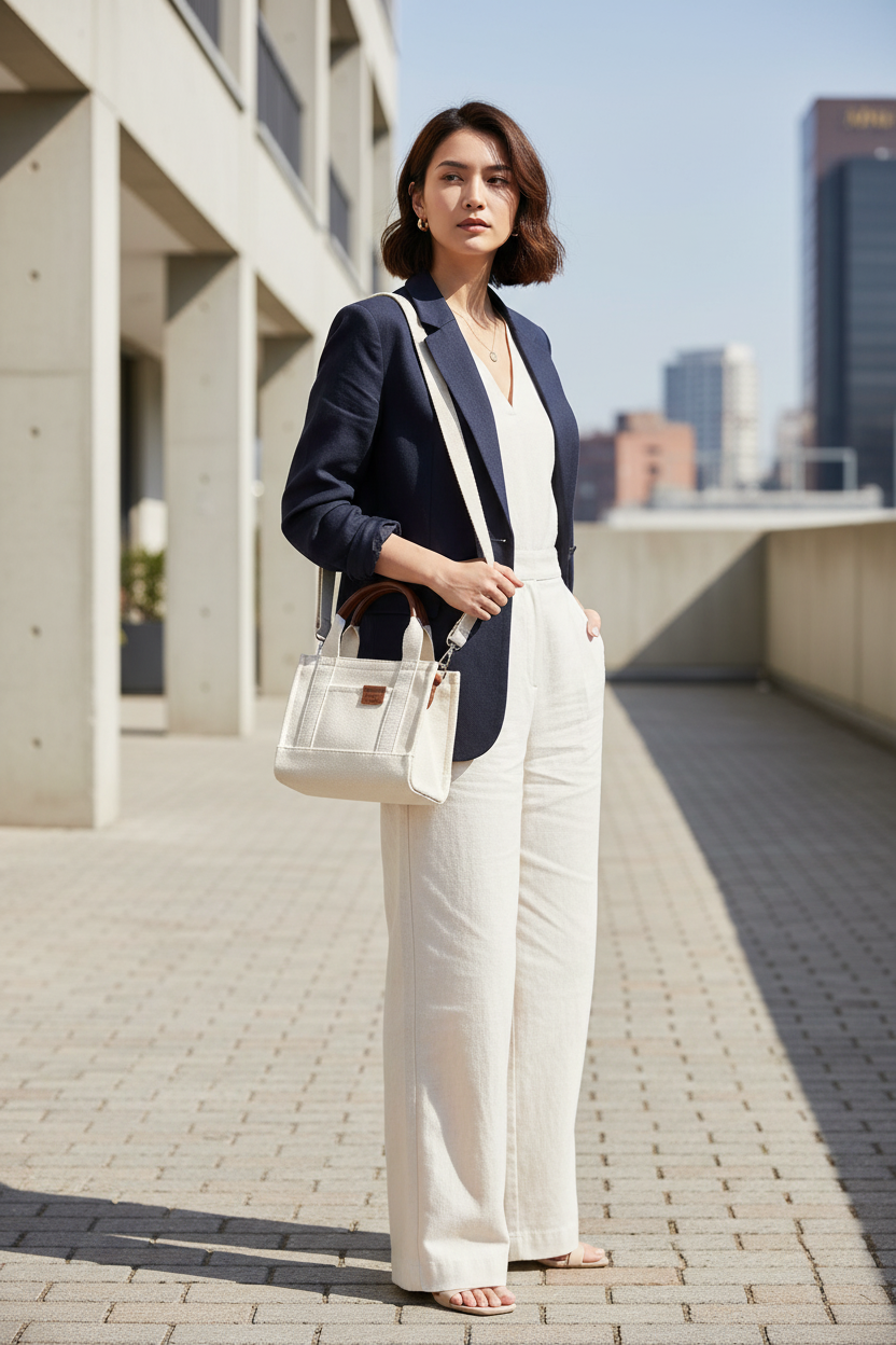 حقيبة توت نسائية من قماش كانفاس بلون كريمي ناعم