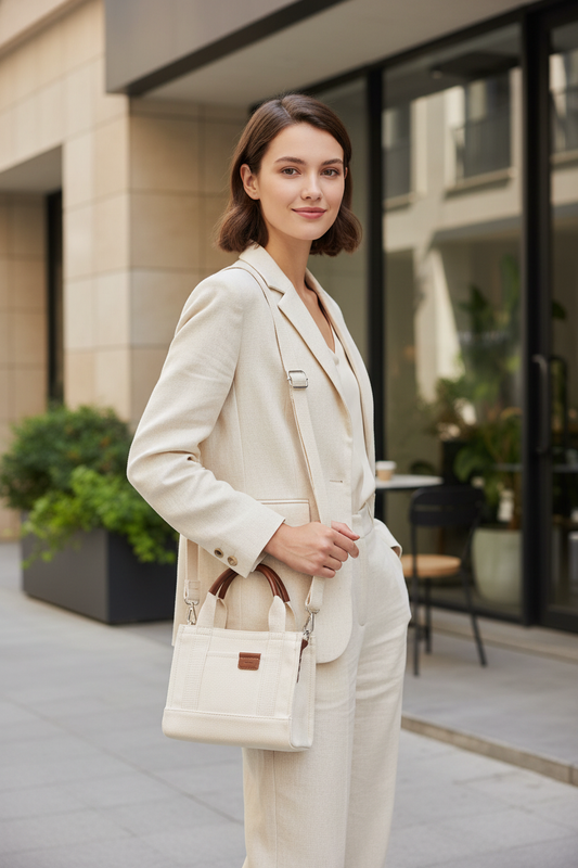 حقيبة توت نسائية من قماش كانفاس بلون كريمي ناعم