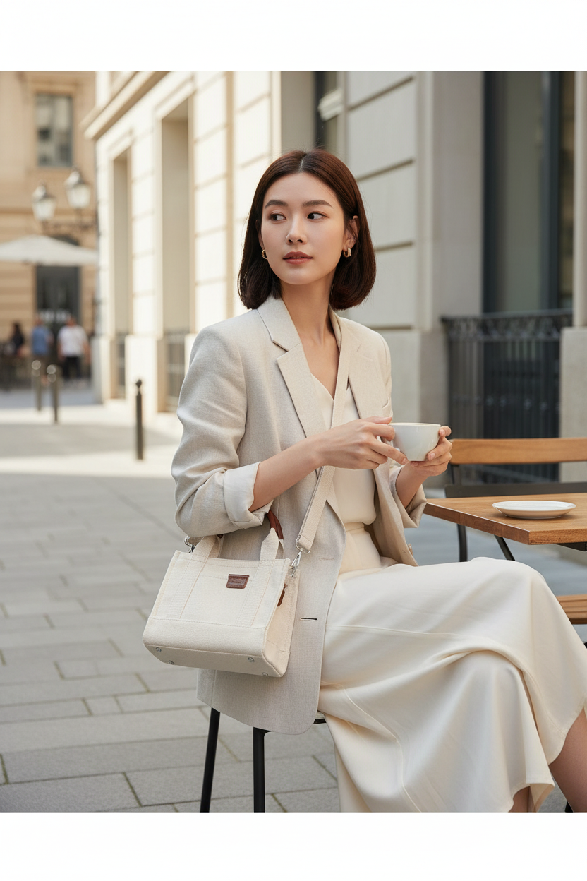 حقيبة توت نسائية من قماش كانفاس بلون كريمي ناعم