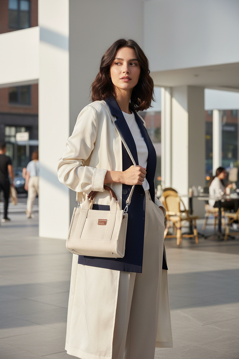 حقيبة توت نسائية من قماش كانفاس بلون كريمي ناعم