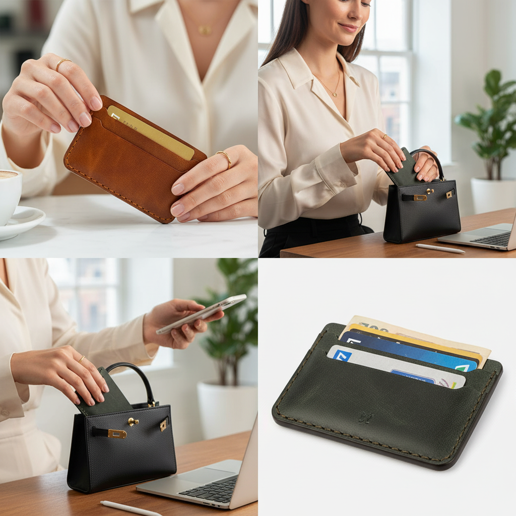 حافظة بطاقات جلدية بسيطة مصنوعة يدويًا بتصميم نحيف