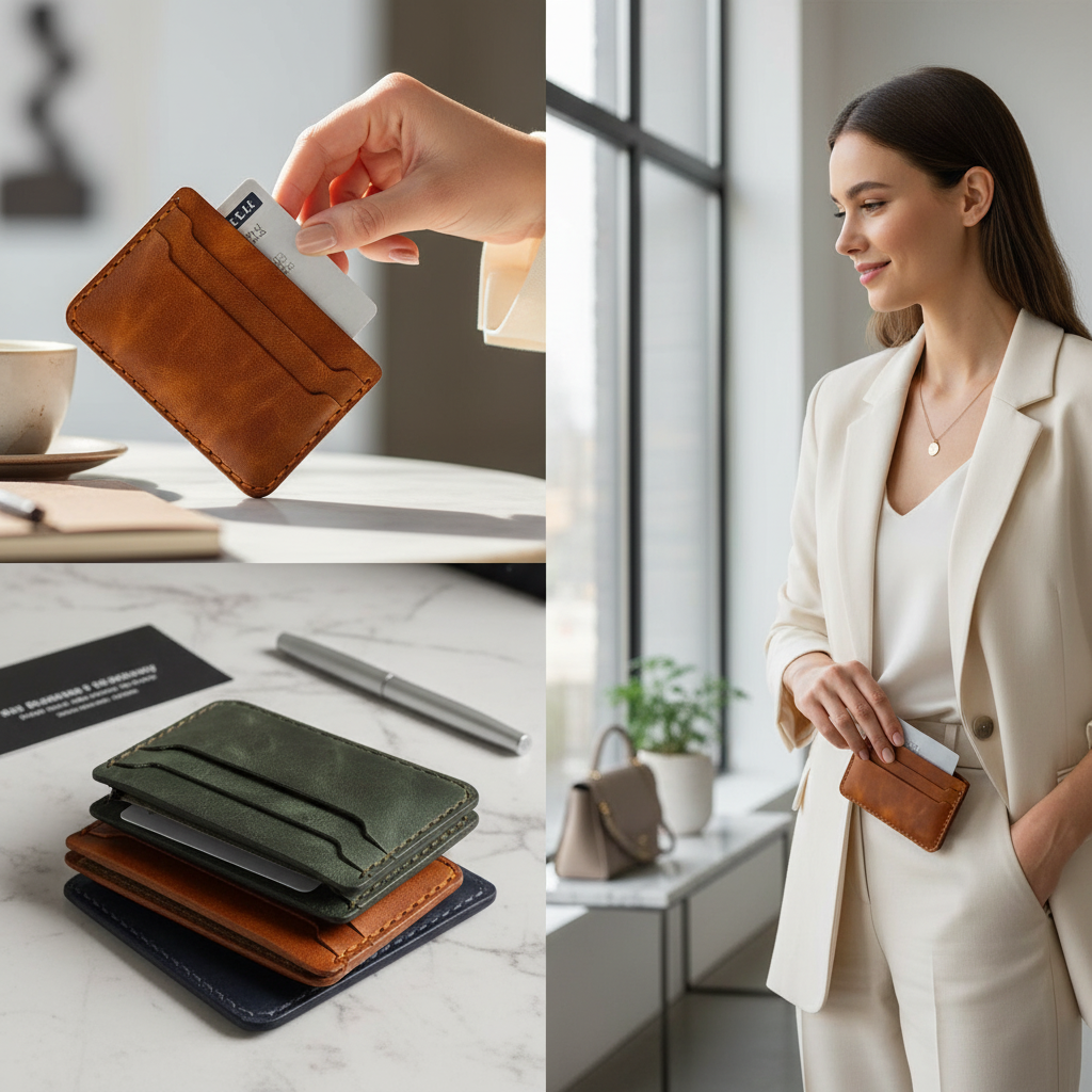 حافظة بطاقات جلدية بسيطة مصنوعة يدويًا بتصميم نحيف