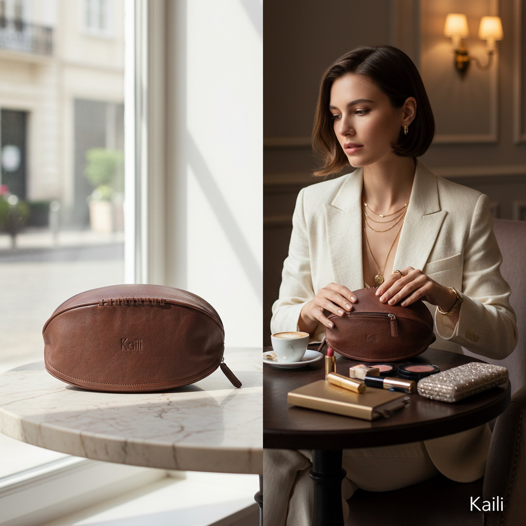 حقيبة مستحضرات تجميل بشكل كرة الرجبي من الجلد الطبيعي