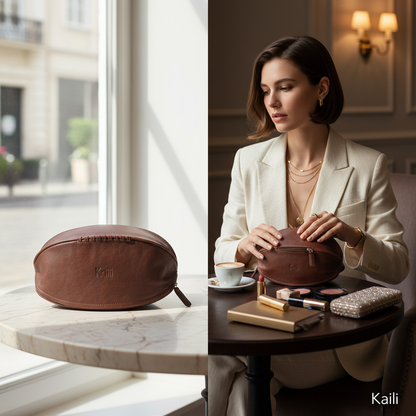 حقيبة مستحضرات تجميل بشكل كرة الرجبي من الجلد الطبيعي