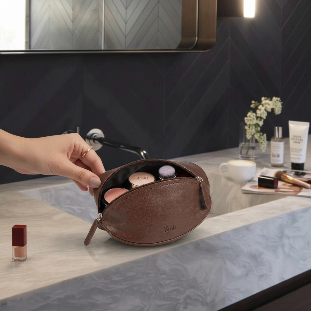 حقيبة مستحضرات تجميل بشكل كرة الرجبي من الجلد الطبيعي