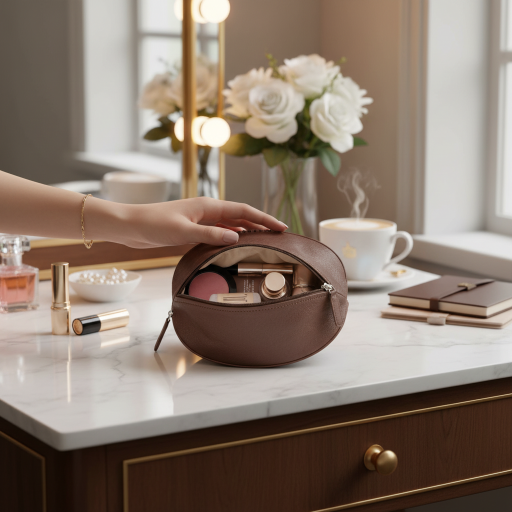 حقيبة مستحضرات تجميل بشكل كرة الرجبي من الجلد الطبيعي