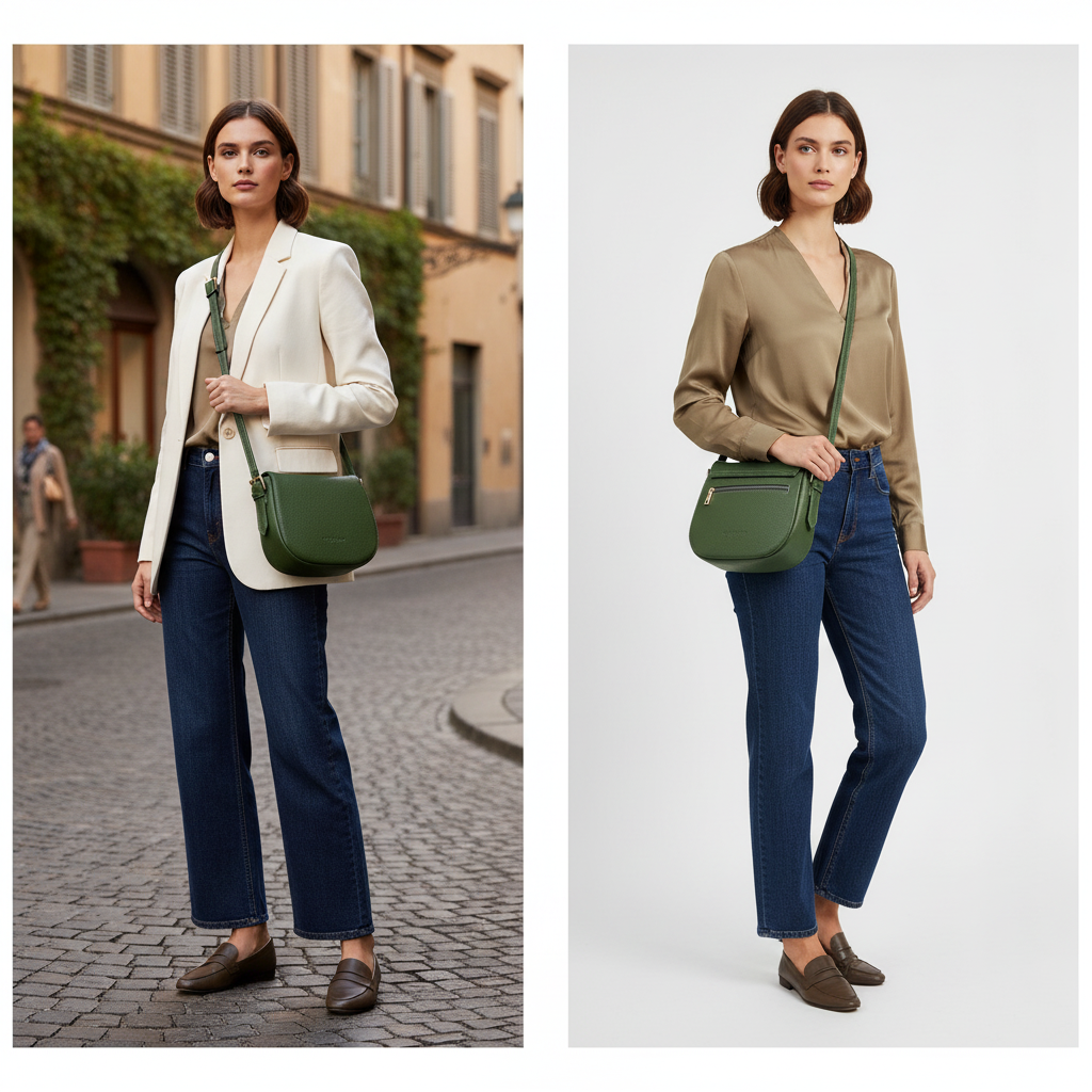 حقيبة كتف من الجلد الطبيعي مع حزام كتف