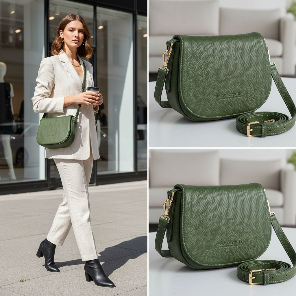 حقيبة كتف من الجلد الطبيعي مع حزام كتف