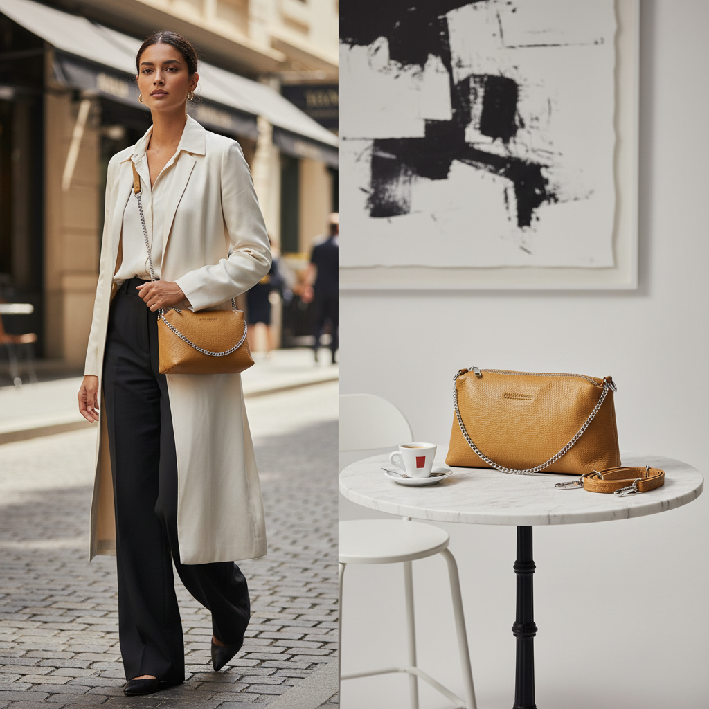 حقيبة يد نسائية بسحاب مزدوج من الجلد الطبيعي