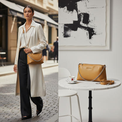 حقيبة يد نسائية بسحاب مزدوج من الجلد الطبيعي