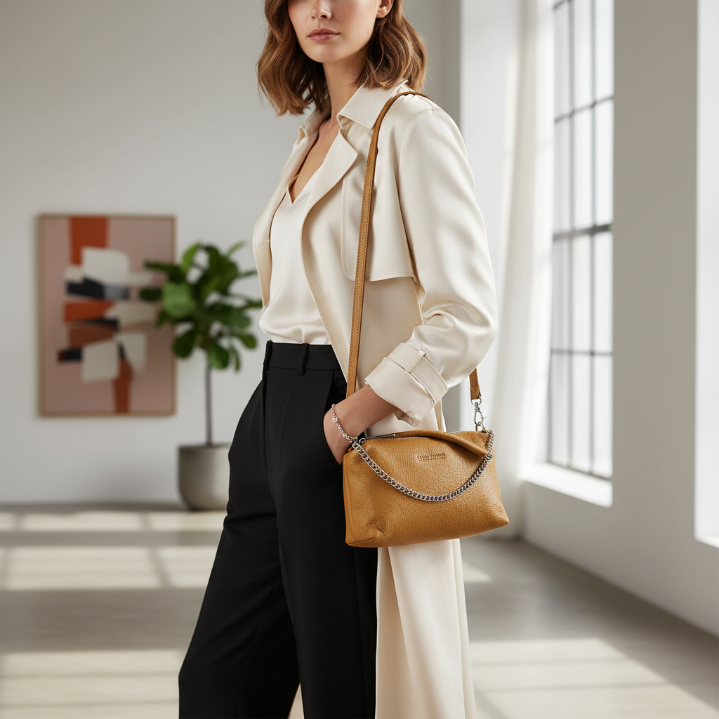 حقيبة يد نسائية بسحاب مزدوج من الجلد الطبيعي