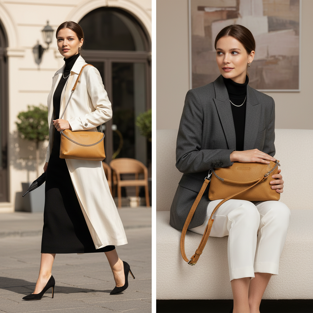 حقيبة يد نسائية بسحاب مزدوج من الجلد الطبيعي