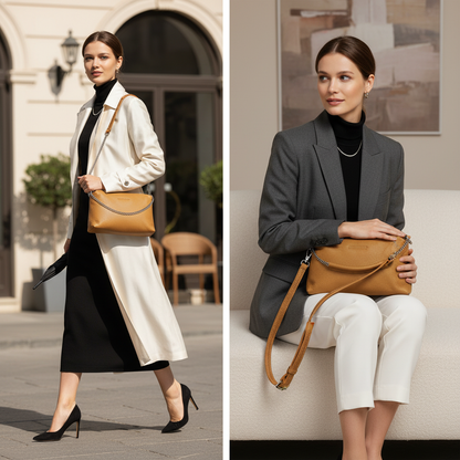 حقيبة يد نسائية بسحاب مزدوج من الجلد الطبيعي