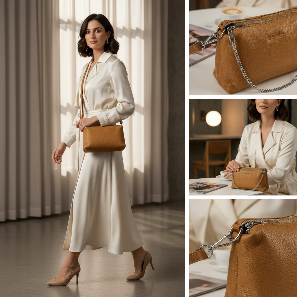 حقيبة يد نسائية بسحاب مزدوج من الجلد الطبيعي