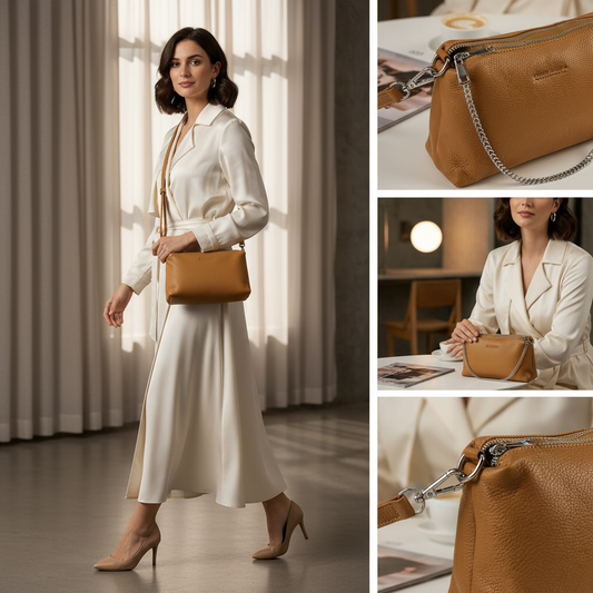 حقيبة يد نسائية بسحاب مزدوج من الجلد الطبيعي