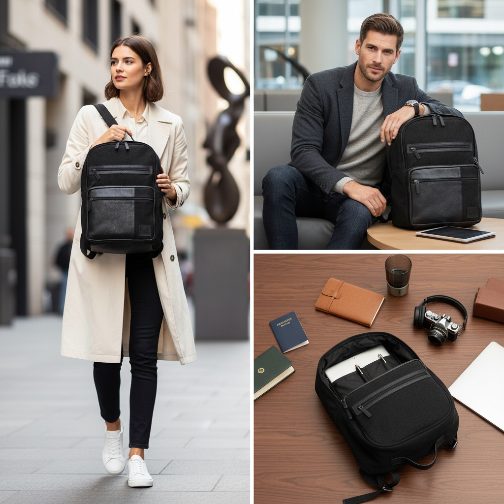 حقيبة ظهر من القماش والجلد الطبيعي